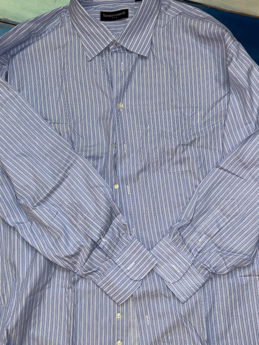 Kenneth Gordon Men’s 18.5 34 Blue White Striped Dress Shirt Button Front